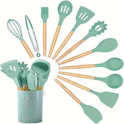 Kitchen Silicone Cooking Utensils, 12 Pc Kitchen Utensil Set, Wooden Kitchen Utensils, Kitchen Gadgets and Spatula Set