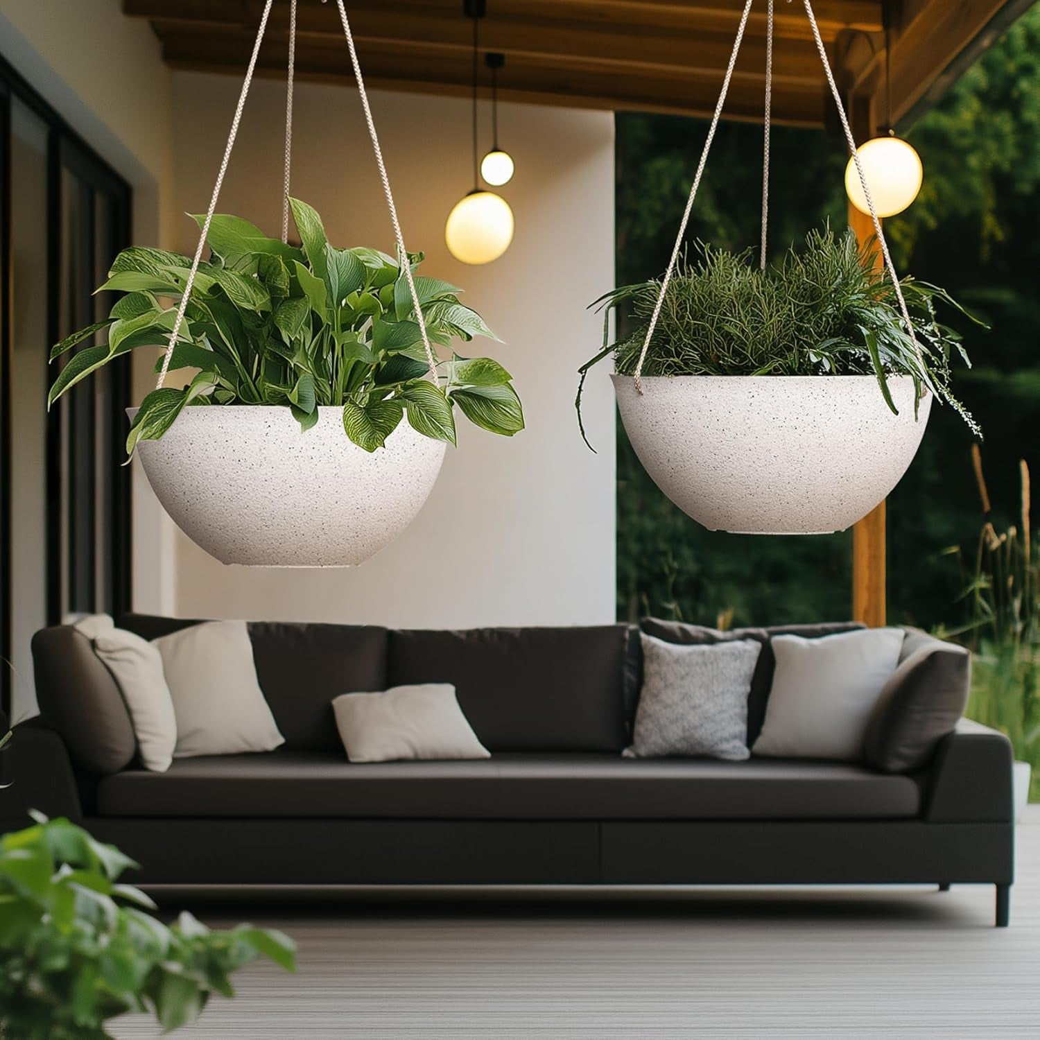 Large Hanging Planters for Outdoor Plants - 13 Inch Hanging Flower Pots Set of 2, Speckled White