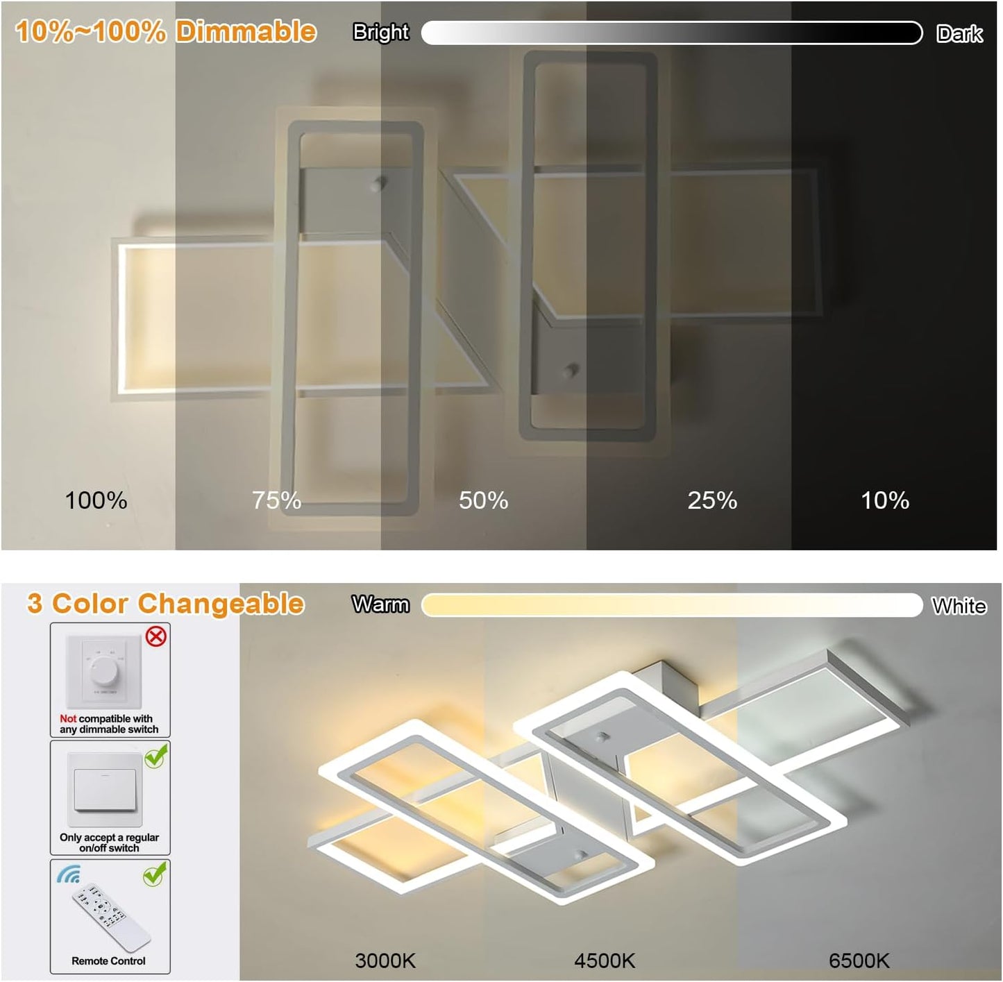 Dimmable Ceiling Light for Living Room,4 Squares Modern LED Ceiling Lamp with Remote Control,80W Acrylic Flush Mount Ceiling Light Fixture for Dining Room Bedroom Kitchen(White)