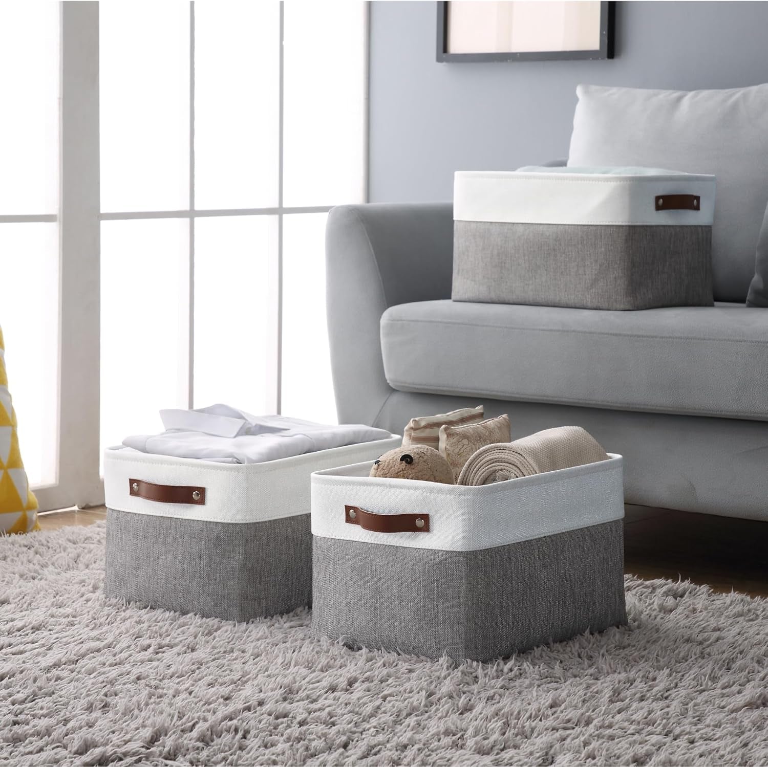 Storage Baskets for Shelves - Fabric Storage Bins, Linen Closet Organizers and Storage (Grey & White, Large - 4 Pack)