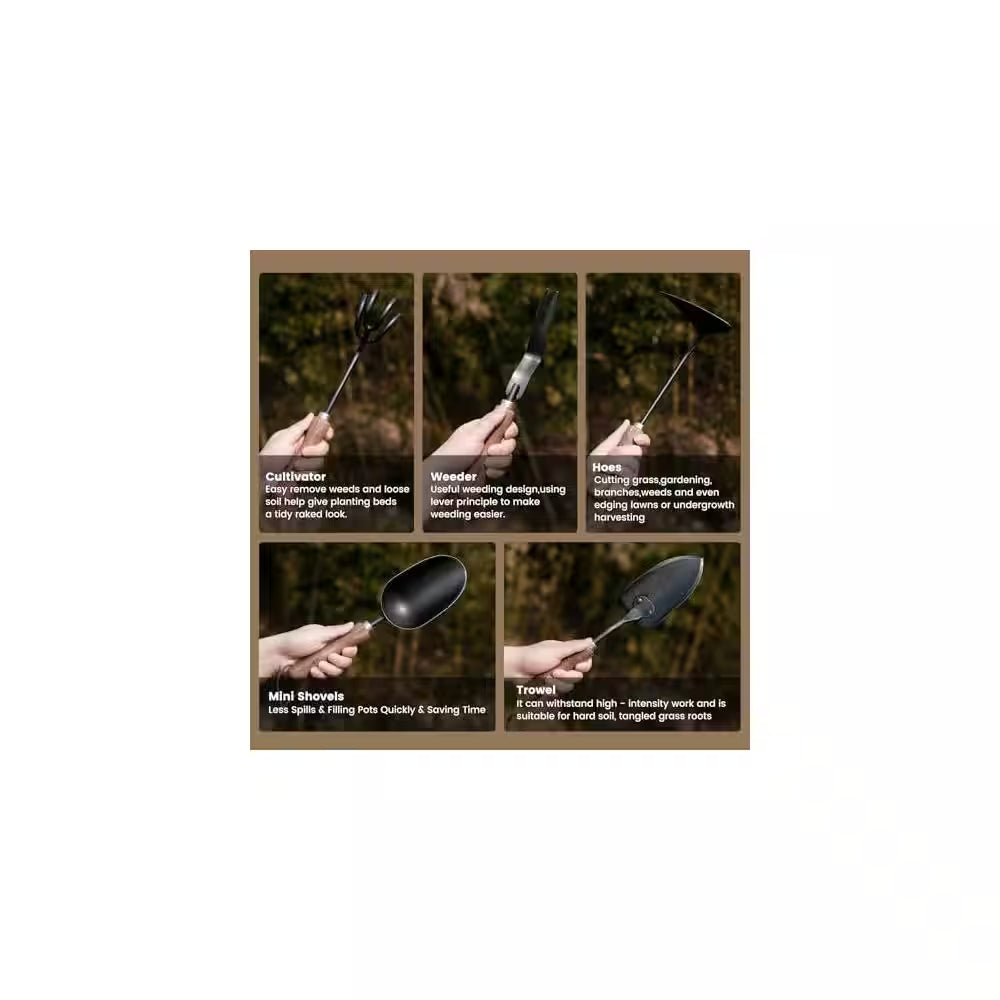 5-Piece Garden Tool Set Stainless Steel Heavy Duty Hand Cultivator Hoes Shovel Trowel Gardening Accessories